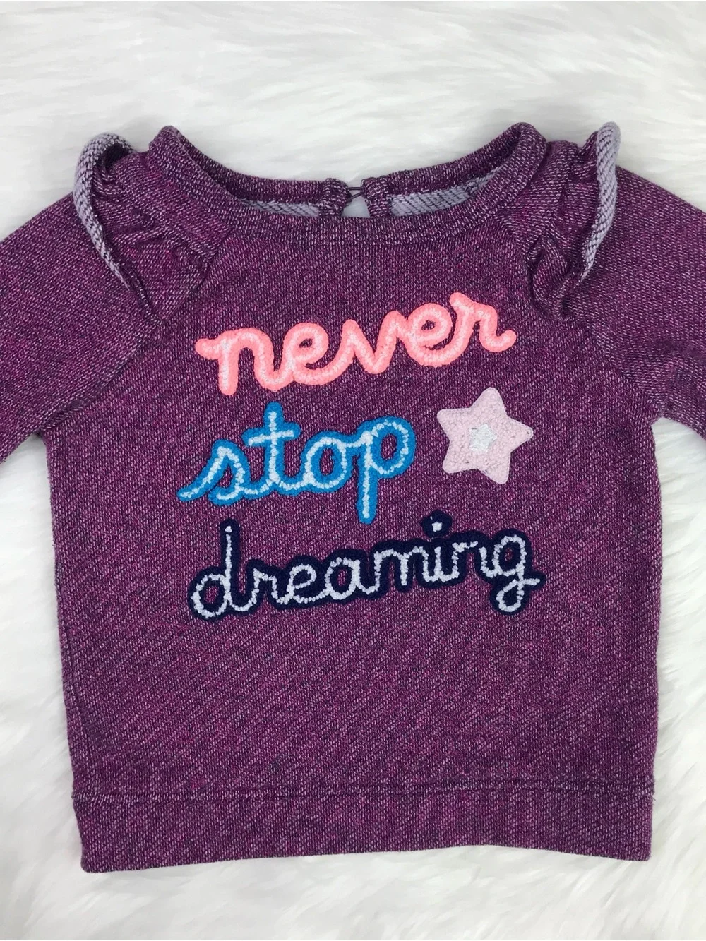 Cat & Jack Toddler Girls Purple Ruffle Never Stop Dreaming Sweatshirt 2T